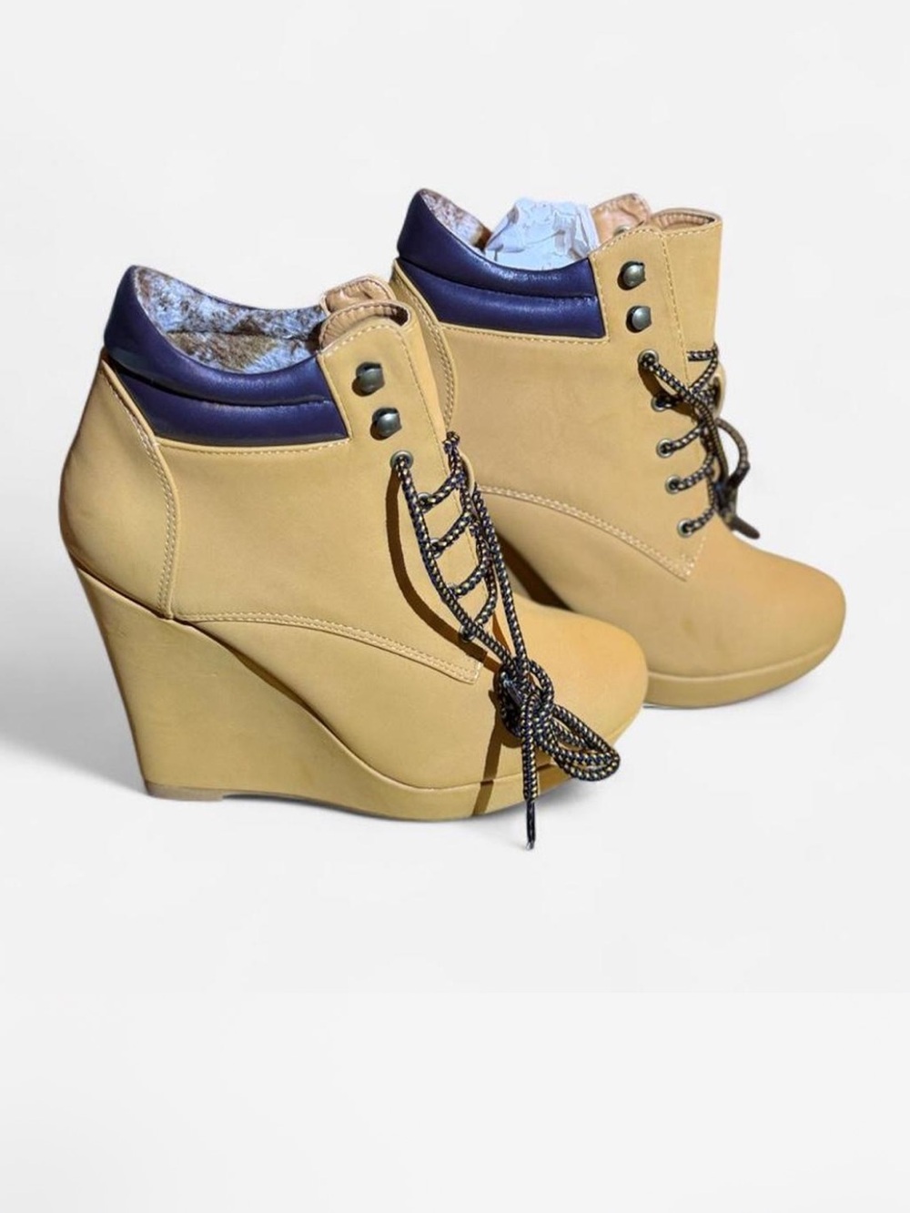Women’s Tan Wedge Ankle Boot with Navy Collar